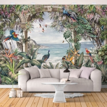 Wallpaper or mural classic drawing sea plants and tropical birds