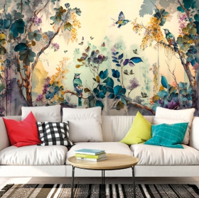 Wallpaper or mural drawing hummingbirds and flowers