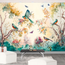 Wall mural or wallpaper watercolor birds flowers forest