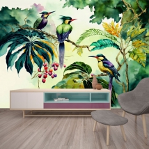 Wall mural or wallpaper trees birds fruits tropical watercolor