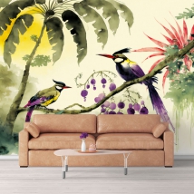 Watercolor tropical palm trees birds wall mural or wallpaper