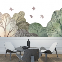 Wallpaper or mural drawing forest birds