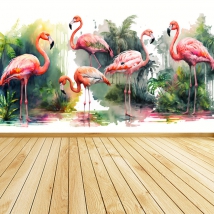 Wallpaper or mural tropical landscape with flamingos