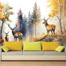 Watercolor wallpaper or fotomural autumn forest with reindeer