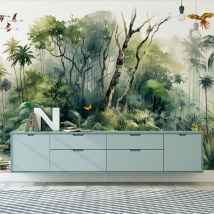 Watercolor jungle and tropical birds wallpaper or mural