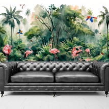 Wallpaper or mural watercolor jungle flamingos macaws