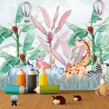 Wallpaper or mural children's drawing animals and balloons