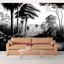 Black and white lake jungle landscape wall mural or wallpaper