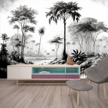 Wall mural or wallpaper landscape jungle trees and lake black and white