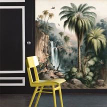 Wall mural or wallpaper landscape waterfall and tropical birds