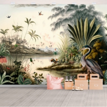 Wall mural or wallpaper drawing lake mountains and birds