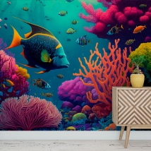 Wallpaper or mural illustration fish and sea corals