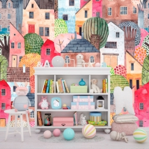 Wallpaper or mural children's watercolor illustration buildings