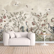 Wallpaper or photomural drawing landscape plants and birds