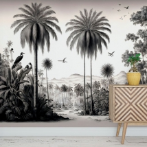 Black and white jungle illustration mural