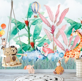 Children's murals watercolor animals in the jungle