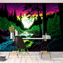 Wall mural or wallpaper colorful pine forest illustration