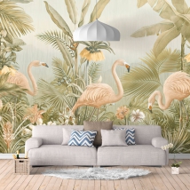 Wallpaper or photomural illustration tropical forest and vintage flamingos