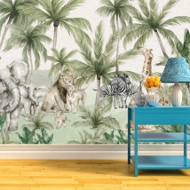 Wallpaper or mural drawing jungle animals lion zebra