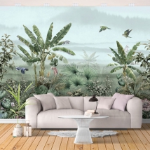 Wallpaper or mural jungle landscape flowers and tropical birds