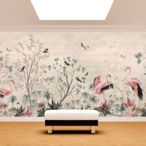 Wall mural or wallpaper illustration of flamingos and vintage flowers