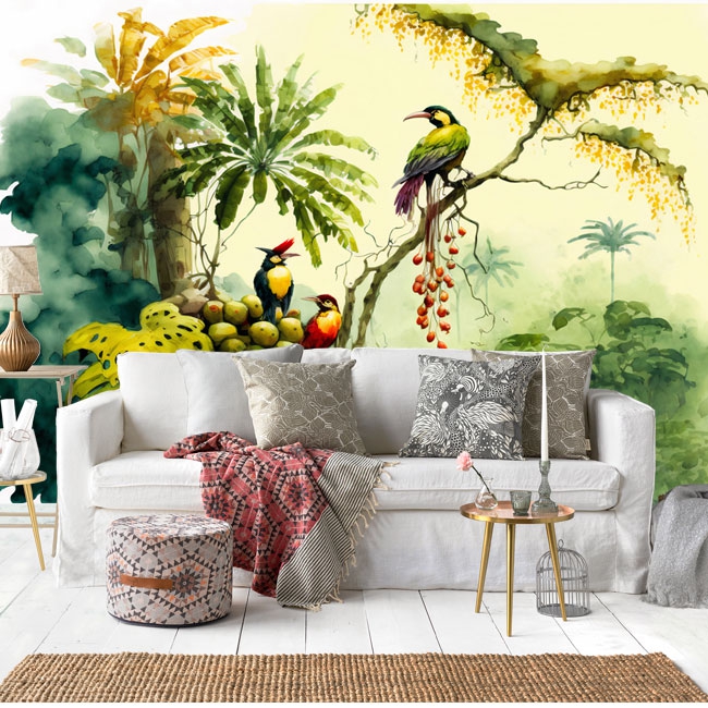 Wall mural or wallpaper watercolor tropical plants and birds