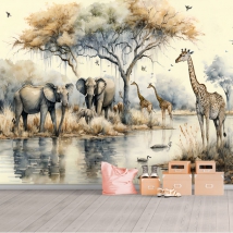 Wall mural or wallpaper landscape lake safari giraffes elephants