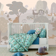 Wall mural or wallpaper children's drawing animals in the forest