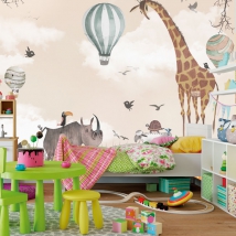 Wall mural or wallpaper children's drawing animals and hot air balloons