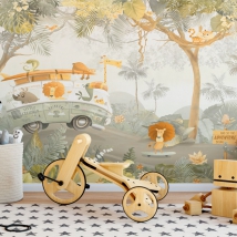 Wall mural or wallpaper children's drawing animals adventures