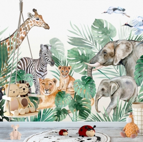 Wall mural or wallpaper children's drawing jungle animals birds