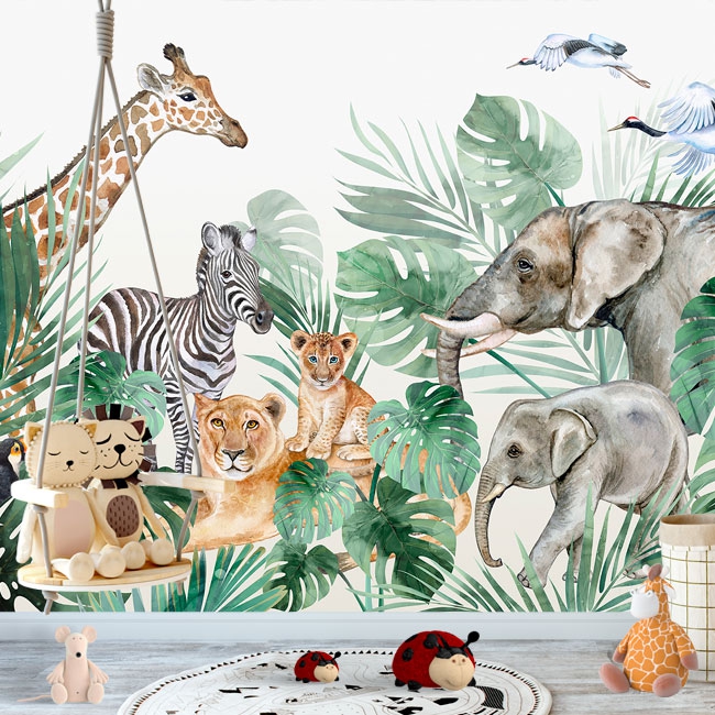 🥇 Wall mural or wallpaper children's drawing jungle animals birds 🥇
