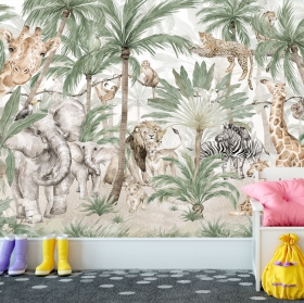 Wall mural or wallpaper children's drawing tropical jungle animals