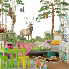 Wallpaper or wall mural illustration of children's forest animals