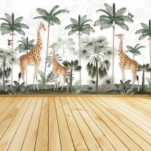 Wallpaper or mural landscape palm trees giraffes and birds