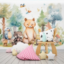 Wallpaper or mural watercolor illustration forest animals