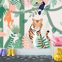 Wallpaper or wall mural illustration for children's youth jungle animals