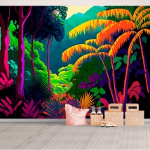 Wall mural or wallpaper colorful tropical jungle illustration