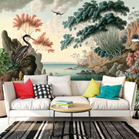 Wallpaper or wall mural classic drawing landscape sea mountains and birds