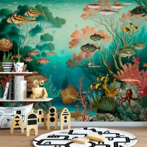 Wallpaper or mural seabed coral fish octopus