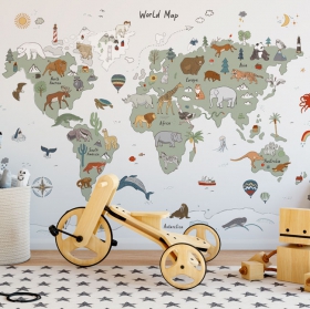 Wall mural or wallpaper children's world map animal drawings
