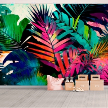 Wall mural or wallpaper colorful illustration plants palm trees youthful