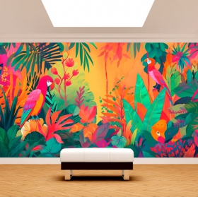 Modern wall mural or wallpaper illustration tropical jungle and macaws