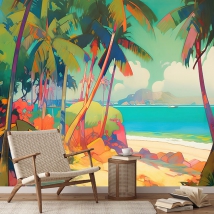 Tropical beach landscape wallpaper or mural with paradisiacal palm trees