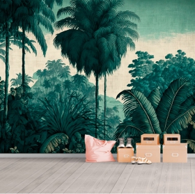 Classic tropical jungle illustration with palm trees wallpaper or mural