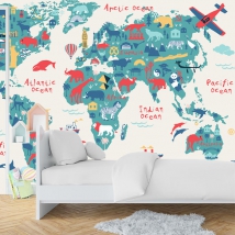 Wallpaper or wall mural world map for youth or children with animals and monuments