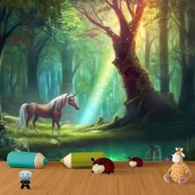 Unicorn in enchanted forest wallpaper or mural
