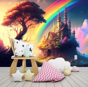 Wall mural or wallpaper children's magical landscape castle and rainbow