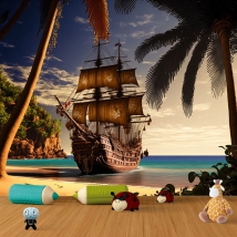 Wall mural or wallpaper landscape pirate ship on tropical beach