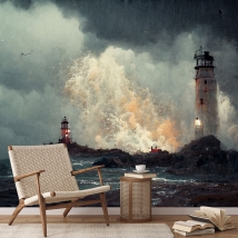 Wallpaper or mural painting landscape of lighthouses in storm